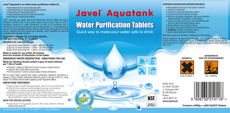 Tabletki przeznaczone szczególnie do: dezynfekcji wody w zbiornikach, studniach oraz hydraulicznych instalacjach wodnych,dezynfekcji zbiorników na okrętach, jachtach i łodziach turystycznych